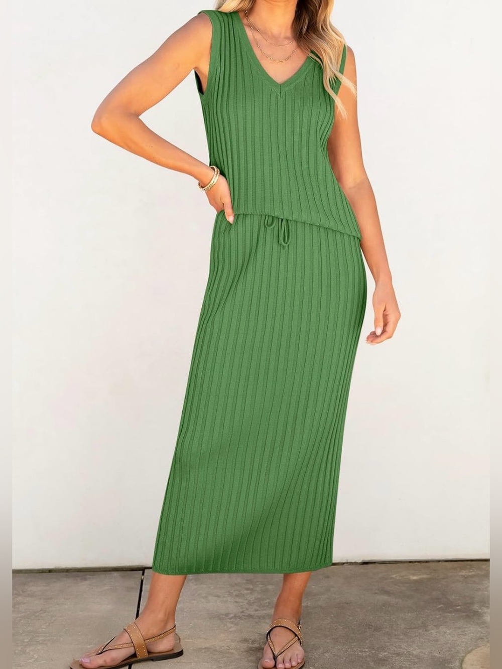 Sleeveless Ribbed Knit Blue Maxi Set